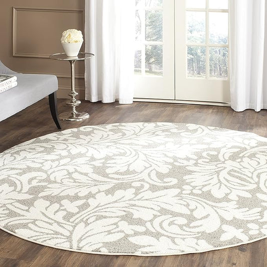 SAFAVIEH Amherst Collection 7' Round Dark Grey/Beige AMT425R Floral Non-Shedding Dining Room Entryway Foyer Living Room Bedroom Area Rug