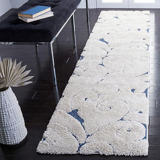 SAFAVIEH Florida Shag Collection Runner Rug - 2'3" x 9', Cream & Blue, Scroll Design, Non-Shedding & Easy to Clean, High-Low Plush Pile, Ideal for Bedroom, Foyer, Hallway (SG455-1165)