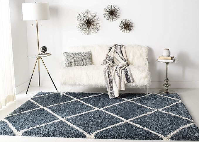 SAFAVIEH Hudson Shag Collection Area Rug - 5'3" x 7'6", Slate Blue & Ivory, Modern Trellis Design, Non-Shedding & Easy Care, 2-inch Thick Ideal for High Traffic Areas in Living Room, Bedroom (SGH281L)