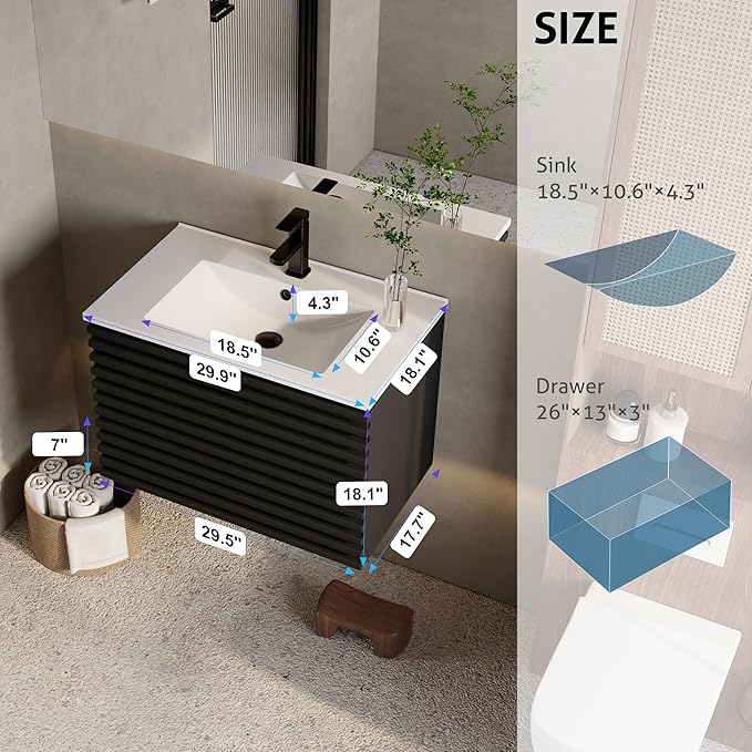 eclife 30" Floating Bathroom Vanity with Sink Combo Mid-Century Wall Mounted Cabinet with Wood Stripes Decor, Drawers, Undermount Sink, Faucet, Drain, Black