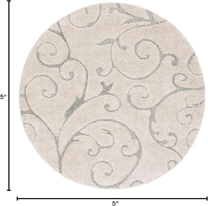 SAFAVIEH Florida Shag Collection Area Rug - 5' Round, Beige & Blue Grey, Scroll Design, Non-Shedding & Easy to Clean, High-Low Plush Pile, Ideal for Living Room, Bedroom, Dining Space (SG455-1155)