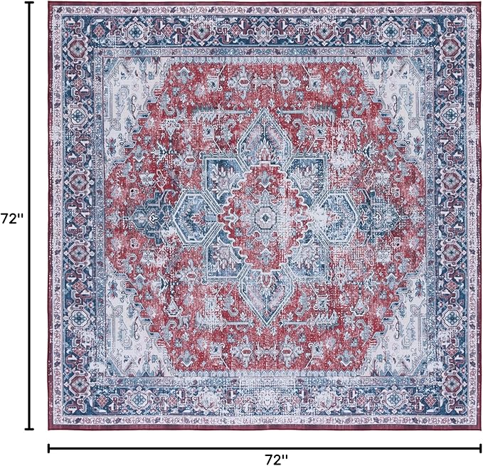 SAFAVIEH Washable Rug Tucson Collection - 6' Square, Red & Navy, Slip Resistant & Easy to Clean, Ideal for Living Room, Bedroom, Dining Space (TSN101S)