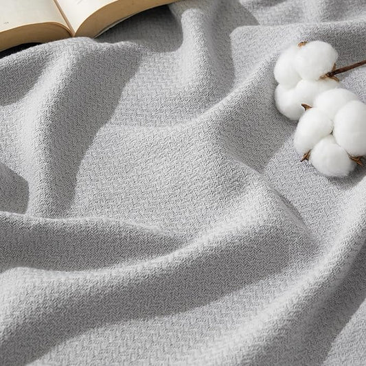 Bedsure GentleSoft 100% Cotton Large Throw Blanket for Couch 50x70 inches - Breathable and Lightweight, Soft Cozy Herringbone Woven Cotton Throw for Summer Spring, Cool Grey Office Chair Blanket