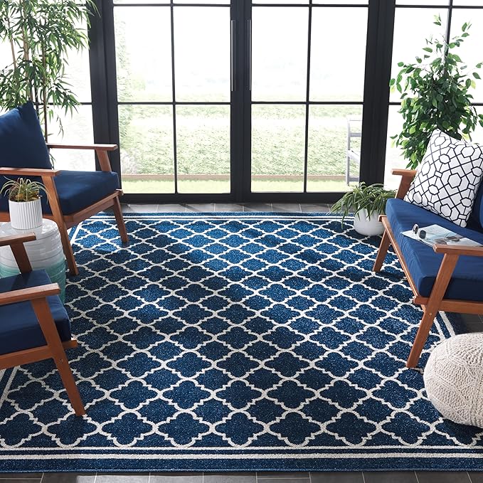 SAFAVIEH Amherst Collection Area Rug - 10' x 14', Navy & Beige, Moroccan Trellis Design, Non-Shedding & Easy Care, Ideal for High Traffic Areas in Living Room, Bedroom (AMT422P)