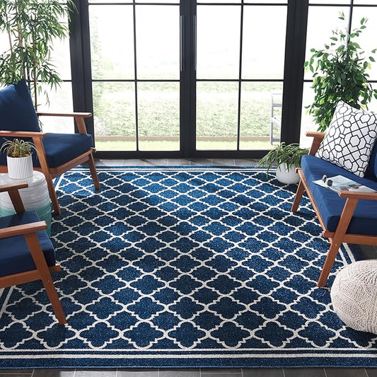 SAFAVIEH Amherst Collection Area Rug - 10' x 14', Navy & Beige, Moroccan Trellis Design, Non-Shedding & Easy Care, Ideal for High Traffic Areas in Living Room, Bedroom (AMT422P)