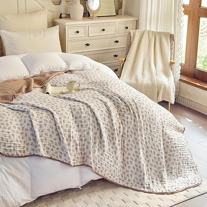 Muslin Throw Blanket 100% Cotton 6-Layer Gauze Floral Pattern Cooling Blanket Lightweight Soft Breathable Quilt for All Season Both Sides for Sofa Couch (Leaves Tan, Throw 50"x60")