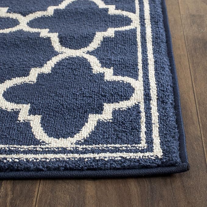 SAFAVIEH Amherst Collection Runner Rug - 2'3" x 21', Navy & Beige, Moroccan Trellis Design, Non-Shedding & Easy Care, Ideal for High Traffic Areas in Living Room, Bedroom (AMT422P)