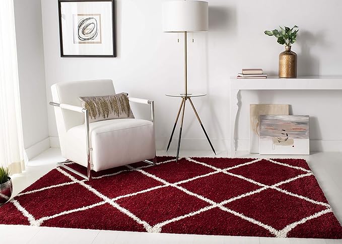 SAFAVIEH Hudson Shag Collection Area Rug - 5' Square, Red & Ivory, Modern Trellis Design, Non-Shedding & Easy Care, 2-inch Thick Ideal for High Traffic Areas in Living Room, Bedroom (SGH281R)