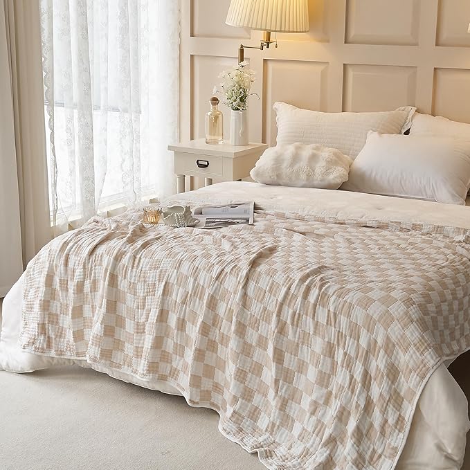Ultra Soft Cozy 6-Layer Muslin 100% Cotton Checkered Throw Blanket Breathable Lightweight Checkboard Bed Blankets Decorative for Sofa Bed All Seasons Both Sides (Cream, Throw 50"x60")
