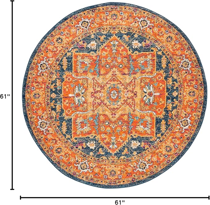 SAFAVIEH Evoke Collection Area Rug - 5'3" Round, Blue & Orange, Oriental Medallion Distressed Design, Non-Shedding & Easy Care, Ideal for High Traffic Areas in Living Room, Bedroom (EVK275C)