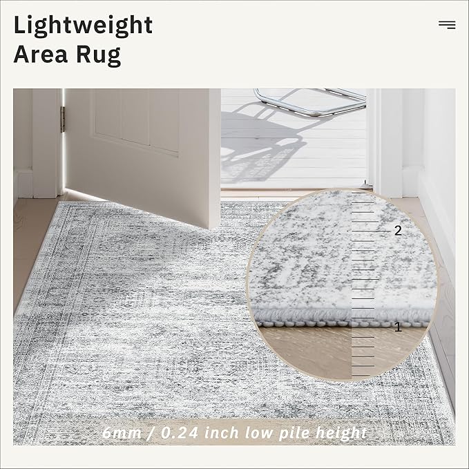 2x3 Washable Rugs for Kitchen, Floor, Entryway, Powder Room Small Area Rug Non-Slip Vintage Low Pile Throw Door Mat Grey
