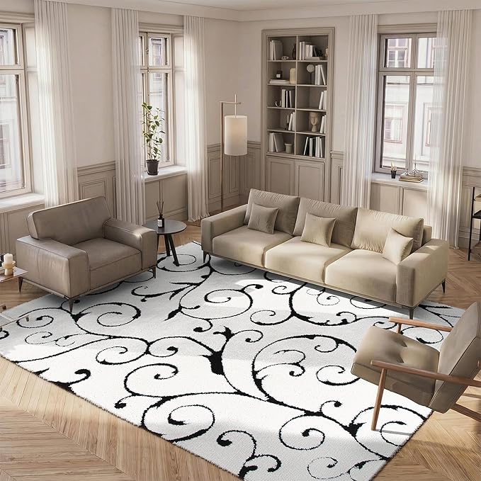 SAFAVIEH Florida Shag Collection Area Rug - 8' x 10', Ivory & Black, Scroll Design, Non-Shedding & Easy to Clean, High-Low Plush Pile, Ideal for Living Room, Bedroom, Dining Space (SG455-1290)