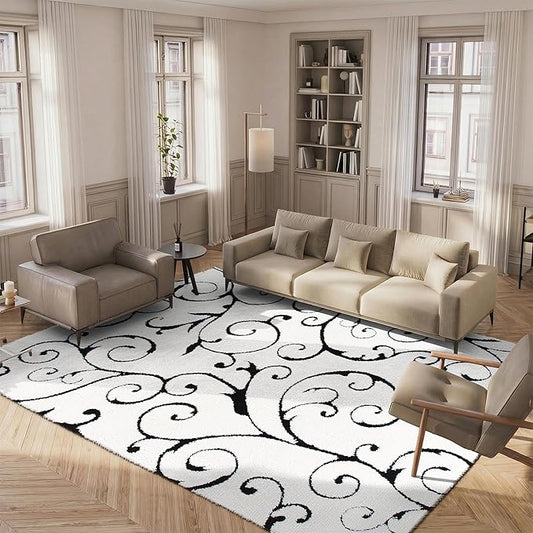 SAFAVIEH Florida Shag Collection Area Rug - 8' x 10', Ivory & Black, Scroll Design, Non-Shedding & Easy to Clean, High-Low Plush Pile, Ideal for Living Room, Bedroom, Dining Space (SG455-1290)