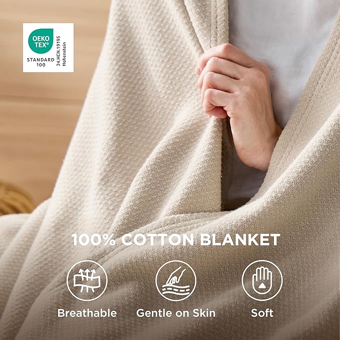 Bedsure GentleSoft 100% Cotton Blanket Twin XL Size for Bed - Breathable and Lightweight, Soft Cozy Textured Herringbone Woven Summer Blanket for College Dorm, Linen Beige, 66x90 inches