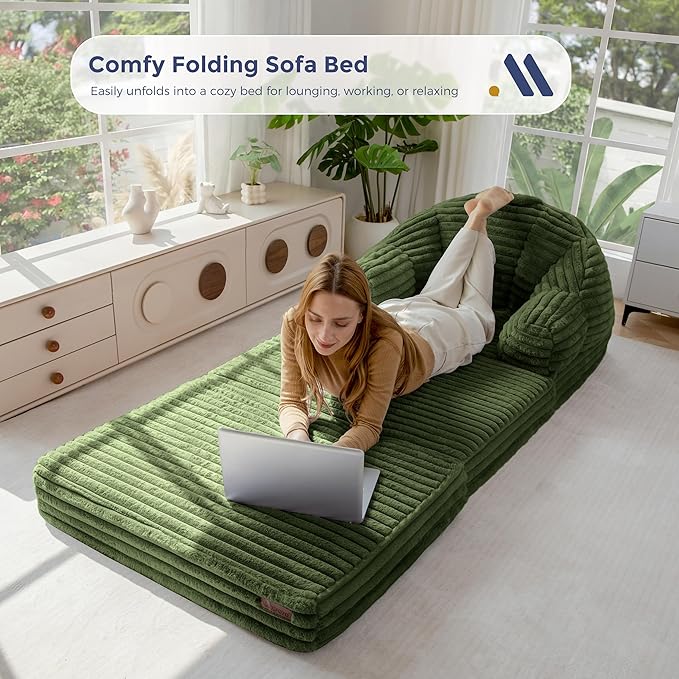 MAXYOYO Folding Sofa Bed, 2 in 1 Convertible Sofa to Lounger Comfy Faux Fur Bean Bag Chair for Adults, Floor Single Sleeper Couch Chair with Handle, Couch Bed for Living Room Bedroom, Dark Green