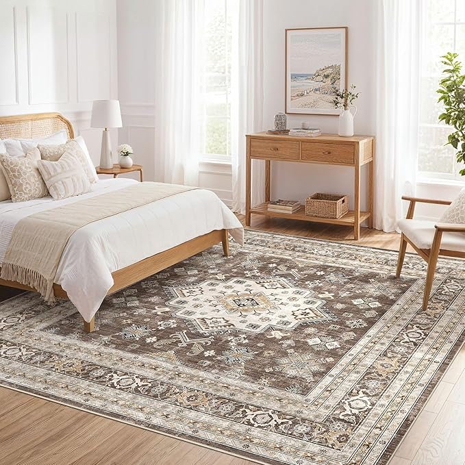 Vintage Living Room Square Area Rug 8x8 - Large Soft Washable Oriental Traditional Distressed Farmhouse Rugs for Bedroom - Indoor Floor Accent Carpet for Home Office House Decor - Dark Brown