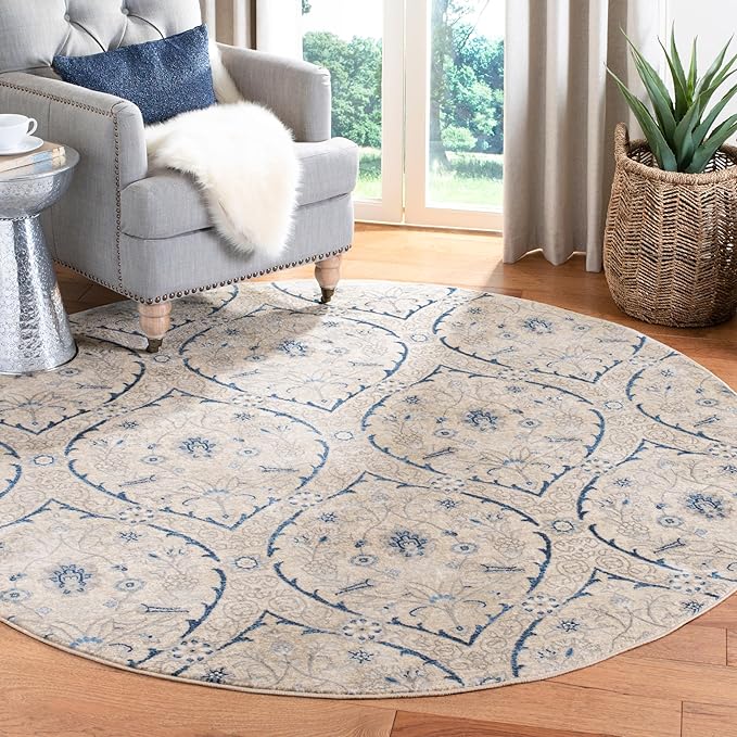 SAFAVIEH Brentwood Collection Area Rug - 6'7" Round, Light Grey & Blue, Floral Damask Ogee Trellis Design, Non-Shedding & Easy Care, Ideal for High Traffic Areas in Living Room, Bedroom (BNT860G)