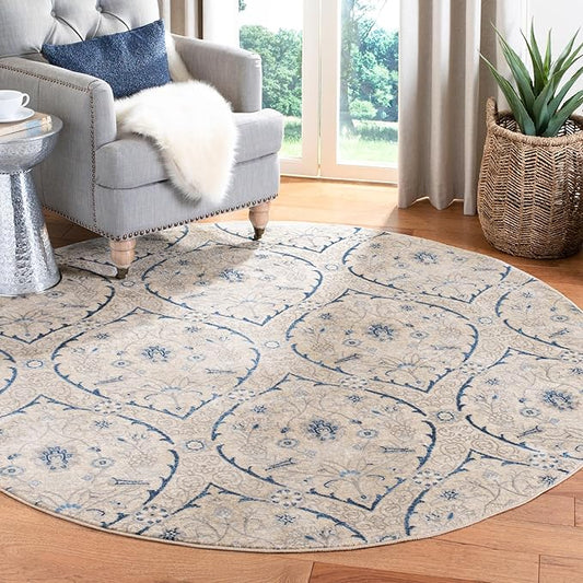 SAFAVIEH Brentwood Collection Area Rug - 6'7" Round, Light Grey & Blue, Floral Damask Ogee Trellis Design, Non-Shedding & Easy Care, Ideal for High Traffic Areas in Living Room, Bedroom (BNT860G)