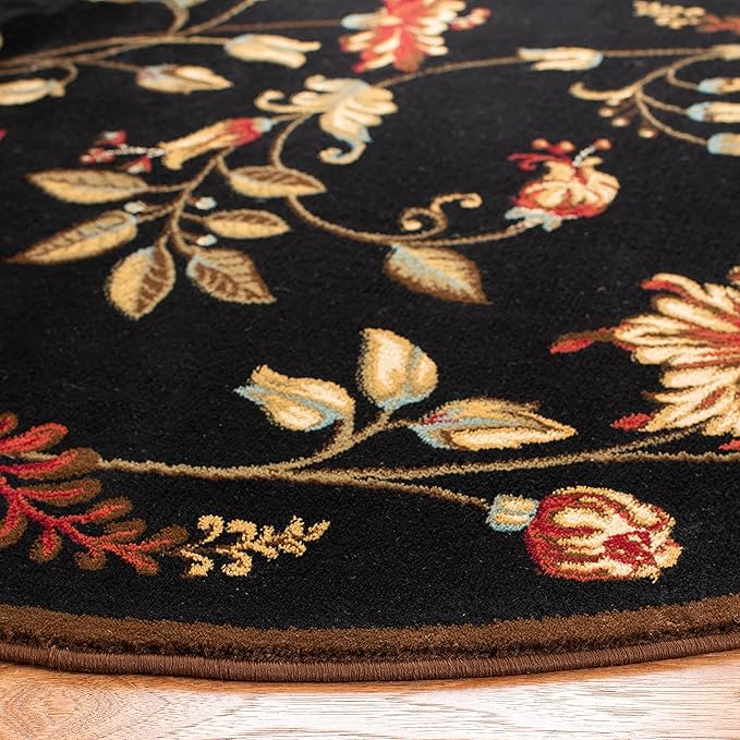 SAFAVIEH Lyndhurst Collection Area Rug - 5'3" Round, Black & Multi, Traditional Floral Design, Non-Shedding & Easy Care, Ideal for High Traffic Areas in Living Room, Bedroom (LNH552-9091)