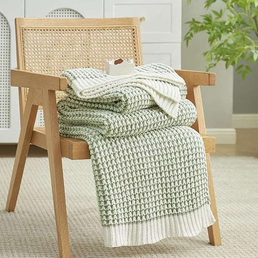 Amélie Home Waffle Chenille Throw Blanket for Couch, Pineapple Stitch Knit Soft Cozy Knit Blanket Decorative Throw for Sofa, Chair, 60 * 80", Sage Green&Ivory