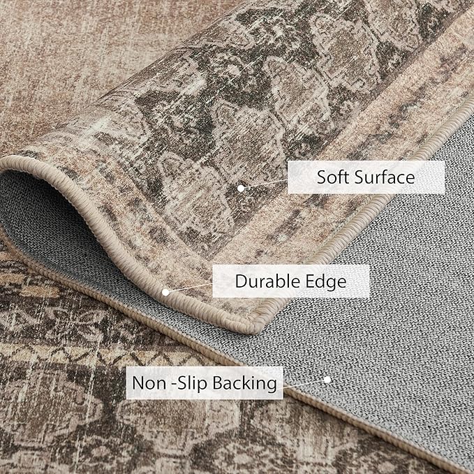 NICETOWN 8x10 Ultra-Thin Brown Oriental Rug for Bedroom, Tumble Washable Area Rugs 8x10, Boho Non-Slip Vintage Living Room Rugs, Oriental Carpet Entrance for Kitchen, Laundry, Bathroom, Bedroom