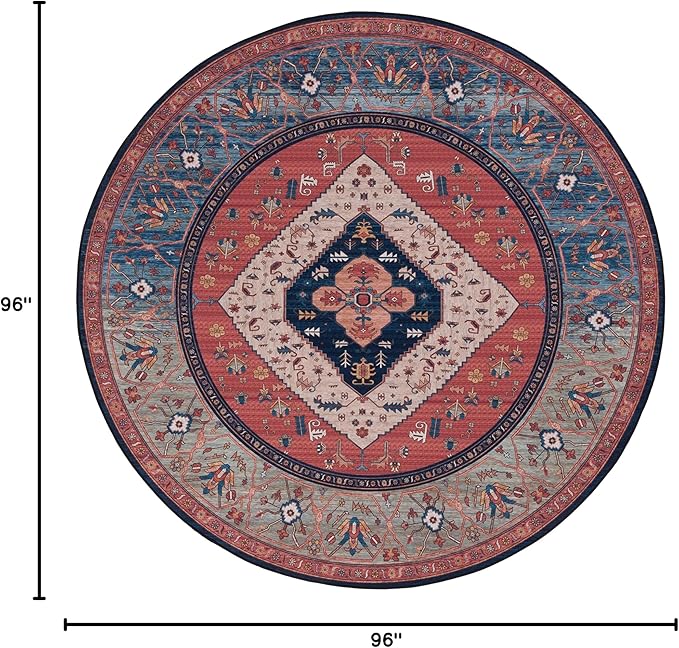 SAFAVIEH Washable Rug Tucson Collection - 8' Round, Rust & Blue, Slip Resistant & Easy to Clean, Ideal for Living Room, Bedroom, Dining Space (TSN153P)