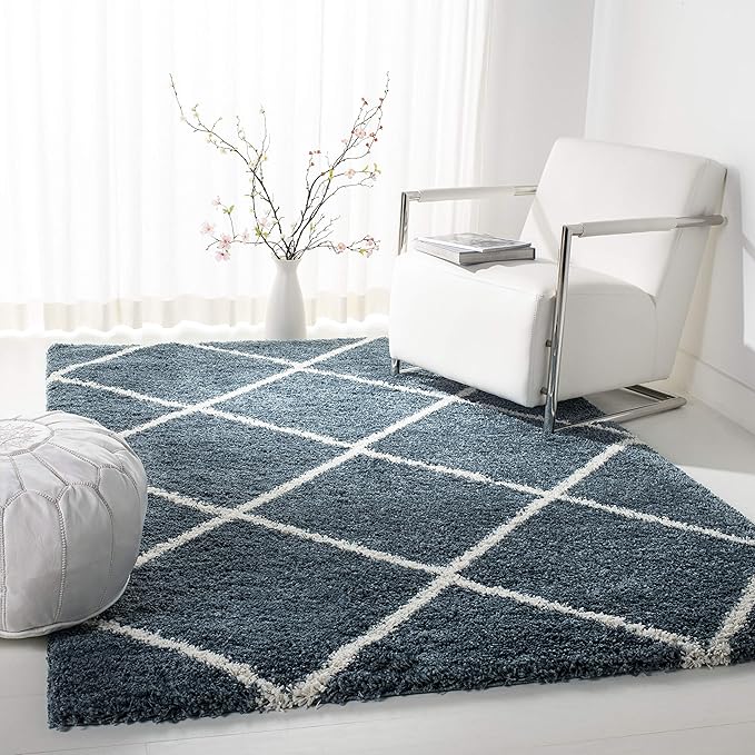 SAFAVIEH Hudson Shag Collection 3' Square Slate Blue/Ivory SGH281L Modern Diamond Trellis Non-Shedding Living Room Bedroom Dining Room Entryway Plush 2-inch Thick Area Rug
