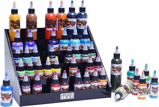 acrylic display stand organizer for tattoo inks, nail polish bottles and other beauty essentials that keeps them organized, secured and ready to use.