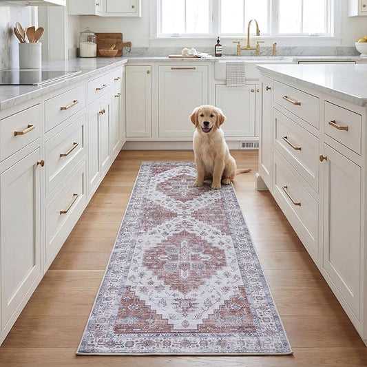 SAFAVIEH Washable Rug Tucson Collection - 2'6' x 8' Runner, Ivory & Rust, Slip Resistant & Easy to Clean, Ideal for Hallway, Foyer, Entryway, Bedroom (TSN109A)