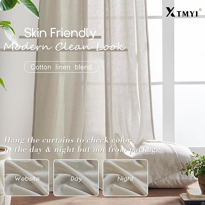 XTMYI Oatmeal 100 Inches Long Country Curtains for Living Room,Sheer Linen Curtains for Bedroom,50 Inches Wide