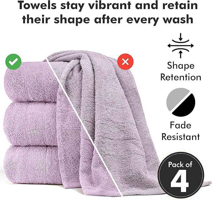 Bath Towels Set of 4 – 100% Cotton Lilac Extra Large Towels for Bathroom, Spa Use (55x28 in) – Super Soft and Quick Dry Large Bath Sheets for Adults