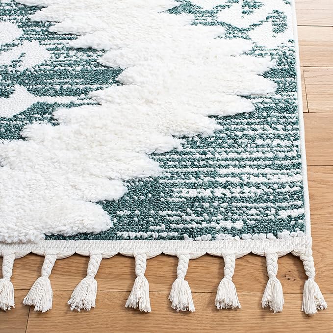 SAFAVIEH Area Rug 8x10 - Moroccan Tassel Shag Collection - Large - Green & Ivory, Boho Design, Non-Shedding & Easy Cleaning, Plush Pile, Ideal for Living Room, Bedroom, Dining Space (MTS652Y)