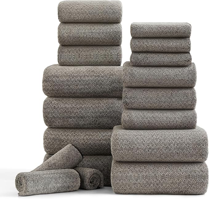 18 Piece Bath Towels Set,100% Microfiber Family Bathroom Towel with Hanging Loops-6 Bath Towels,6 Hand Towels,6 Washcloths,Quick Dry Highly Absorbent Shower Towel for Bathroom,Hotel,Spa-Brown