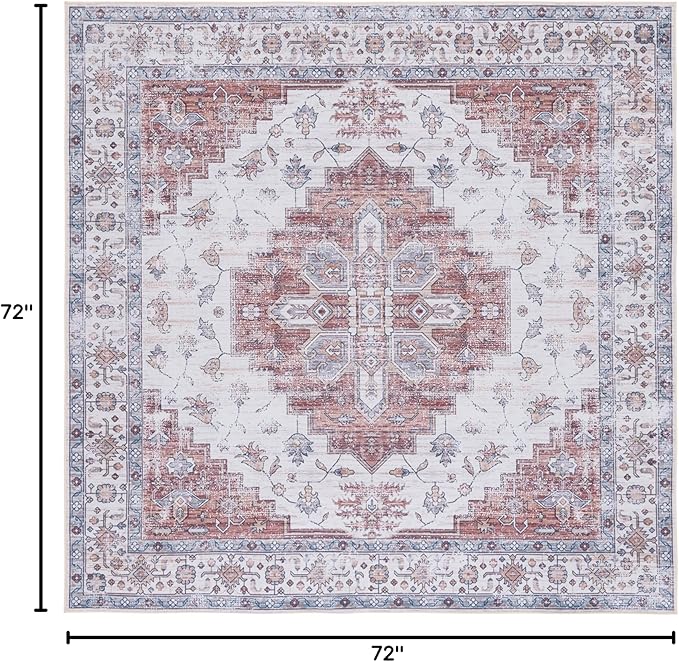 SAFAVIEH Washable Rug Tucson Collection - 6' Square, Ivory & Rust, Slip Resistant & Easy to Clean, Ideal for Living Room, Bedroom, Dining Space (TSN109A)
