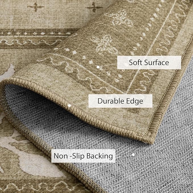 NICETOWN 5x8 Area Rug, Natural Throw Rug for Living Room, 5'x 8' Washable Thin Carpet for Bedroom, Non-Slip Stain Resistant Foldable Large Carpet Pet & Kids Friendly for Dining Room