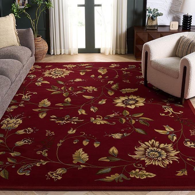 SAFAVIEH Lyndhurst Collection Area Rug - 8' x 11', Red & Multi, Traditional Floral Design, Non-Shedding & Easy Care, Ideal for High Traffic Areas in Living Room, Bedroom (LNH552-4091)