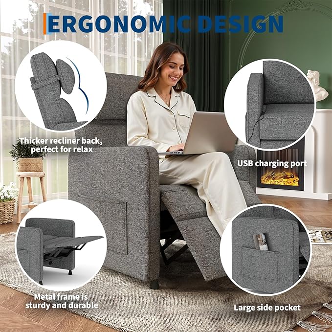 GarveeHome Electric Recliner Chair Living Room Chair Adjustable Power Recliner with Massage & Heat & Lumbar Support & Side Pockets & USB Port(Gray)