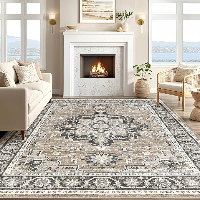 Vintage Living Room Area Rug 10x12 - Large Soft Washable Oriental Traditional Distressed Farmhouse Rugs for Bedroom - Indoor Floor Accent Carpet for Home Office House Decor - Black Brown