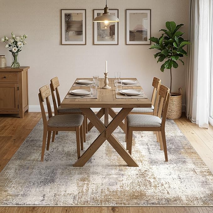 Area Rug Living Room Rugs - 7x9 Washable Large Soft Indoor Neutral Modern Abstract Low Pile Rug Carpet for Bedroom Dining Room Farmhouse Home Office - Brown Grey