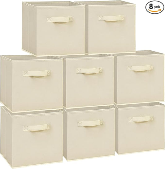 11x11 Storage Bins, Set of 8 Storage Cubes, Collapsible Cube Storage Box, Fabric Closet Organizers with Handles for Home, Office, Closet Shelf Cabinet, Bookcase, Beige