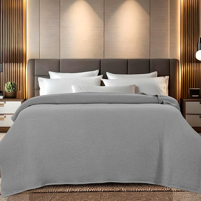 Bed & Bath Home Premium 100% Cotton Waffle Weave Blanket King Size – Soft Breathable Lightweight Comfort, Natural All-Season Bed Blanket, Easy-Care Bedspread for Bed & Couch (Light Grey)