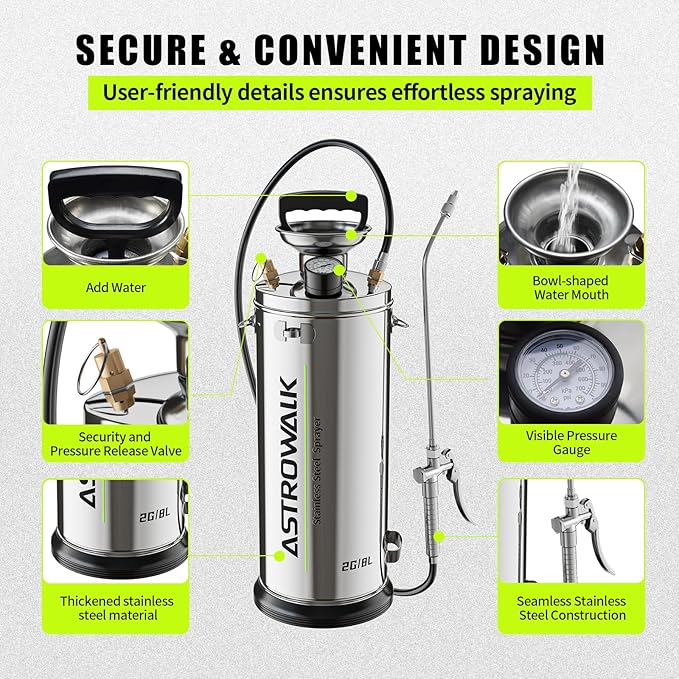 2 Gallon Pump Sprayer, Heavy Duty Stainless Steel Sprayer with 20" All-Steel Wand & 4FT Hose for Commercial, Farm, Solvent & Concrete, Includes Viton Seals and Gloves