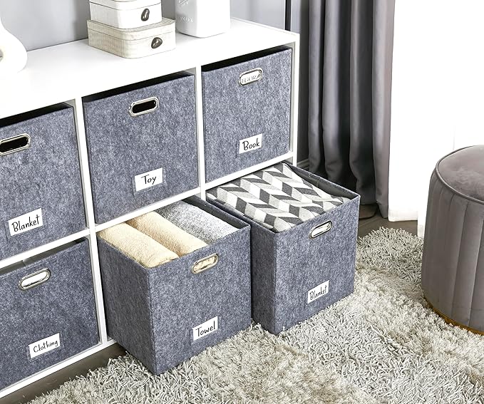DECOMOMO Felt Storage Bins 13x15x13 Storage Cube Bins with Labels, Baskets for Organizing Shelves (Kallax / 3pcs, Dark Grey)