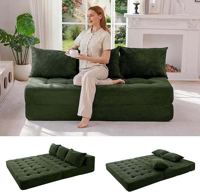 MAXYOYO Folding Sofa Couch, Convertible Floor Sleeper Couch with 3 Pillows, Tufted Floor Oversized Loveseat Couch Tufted Fold Out Chair Bed Comfy Sofa Lounge for Living Room Bedroom, Dark Green