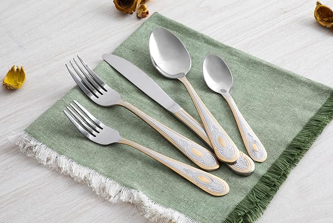 5 Piece Flatware Set - Service for 1-18/10 Stainless Steel Silverware - Vintage Design Handle with Gold Detailing - Dishwasher Safe - Durable Cutlery - First Apartment Essentials (Lucca)
