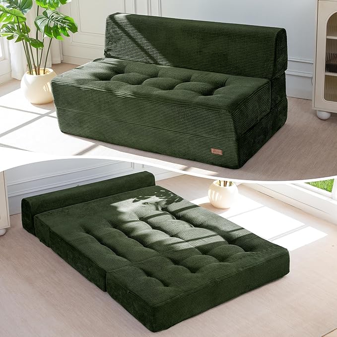MAXYOYO 8" Folding Sofa Bed, Convertible Sleeper Sofa Lounger Foldable Mattress, Wedge Shape Floor Couch Tufted Fold Out Chair Bed Comfy Floor Couch Lounge for Living Room, Loveseat, Dark Green