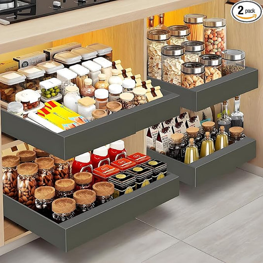 4Pack Expandable Pull Out Cabinet Organizer 21" Deep - Sliding Drawer Organizer Roll Out Shelves Adhesive - Adjustable Width 15.2"-26.2" W (Grey)