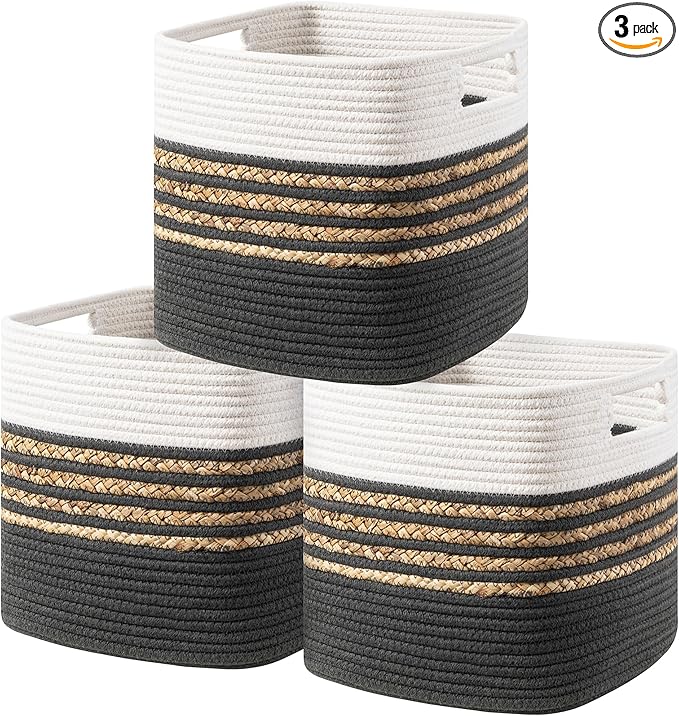 UBBCARE Set of 3 Storage Cubes 11 X 10.5 X 10.5 in, Water Hyacinth Storage Bins for Shelves, Toys, Book, Storage Baskets with Handles, Cotton Rope Woven Baskets for Organizing, Dark Grey