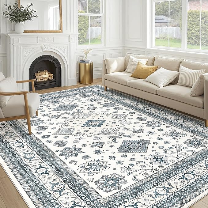 Vintage Living Room Area Rug 9x12 - Large Soft Washable Oriental Traditional Distressed Farmhouse Rugs for Bedroom - Indoor Floor Accent Carpet for Home Office House Decor - Powder Blue