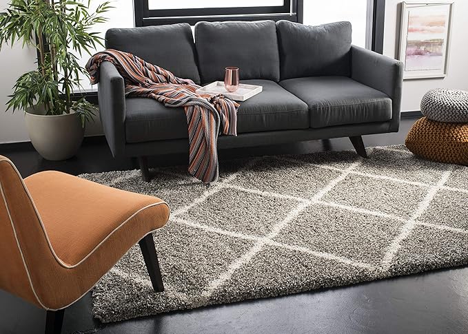 SAFAVIEH Hudson Shag Collection Area Rug - 6' x 9', Grey & Ivory, Modern Diamond Trellis Design, Non-Shedding & Easy Care, 2-inch Thick Ideal for High Traffic Areas in Living Room, Bedroom (SGH281B)